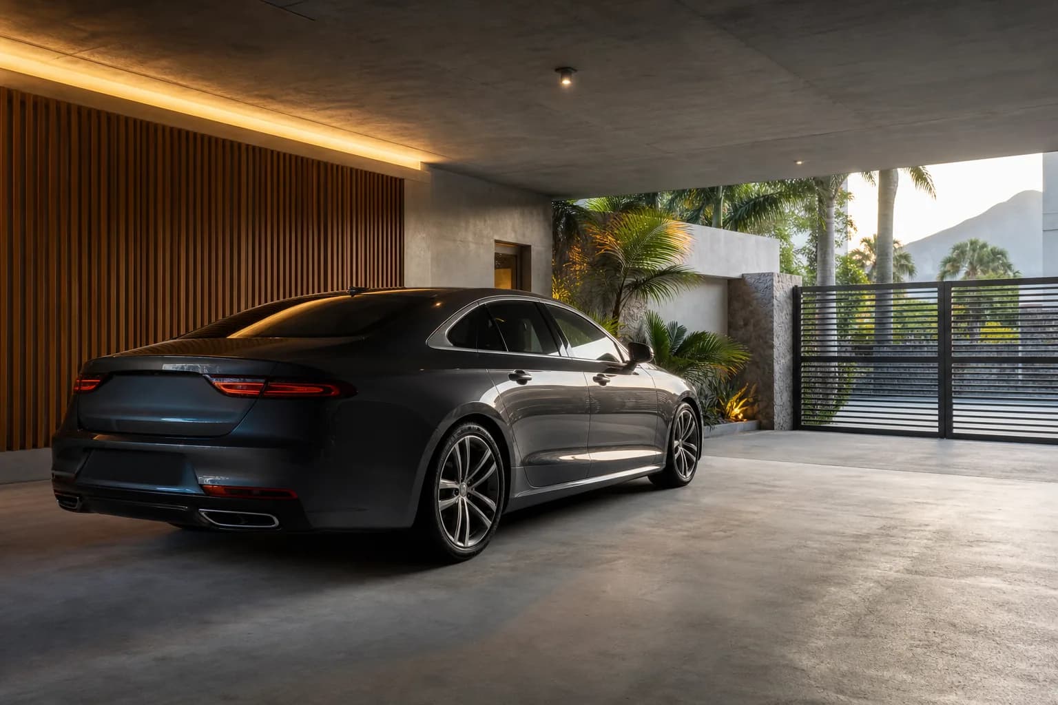Carro de luxo estacionado em garagem residencial protegida