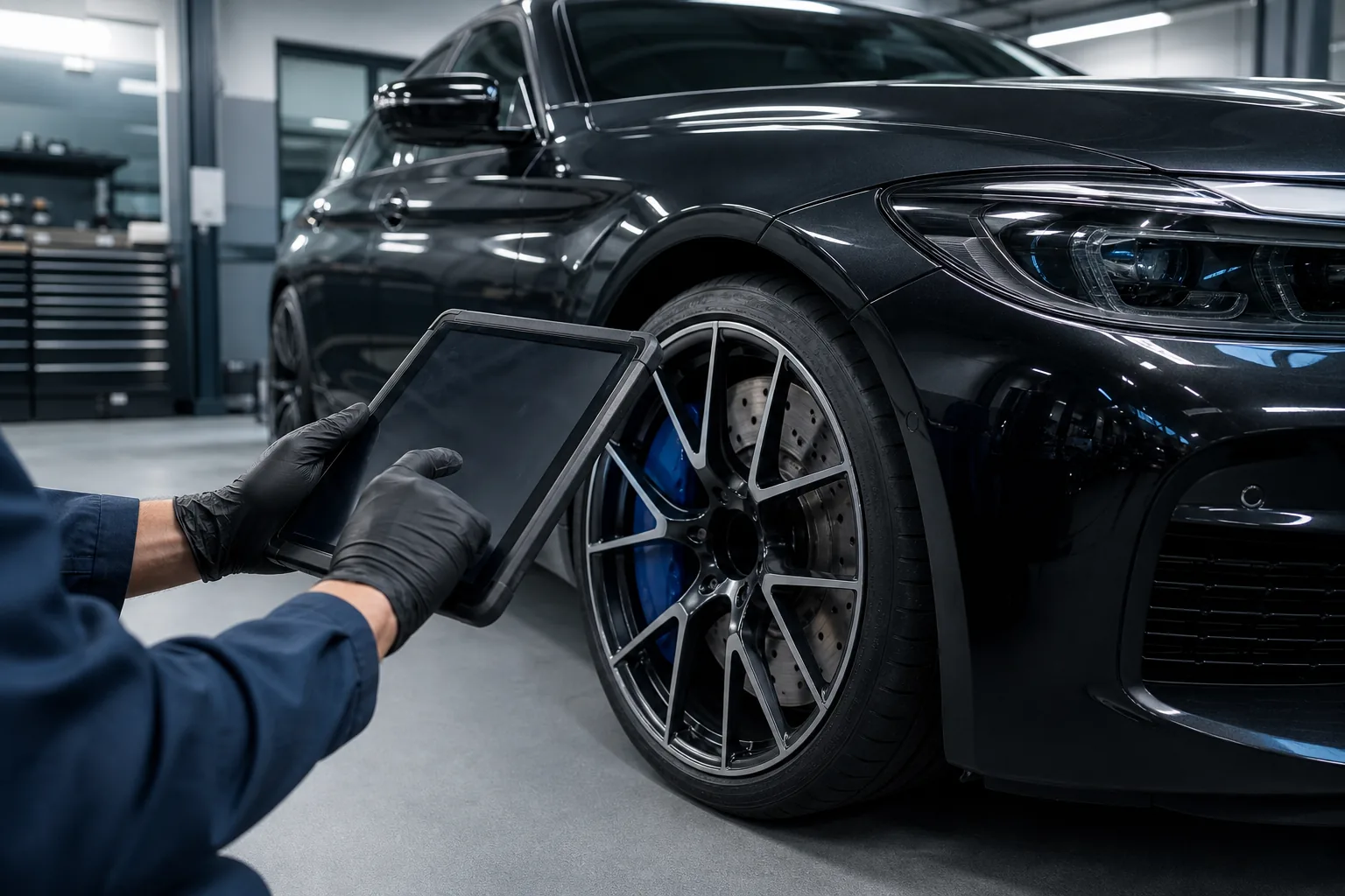 Inspeção técnica de um carro de luxo em oficina especializada