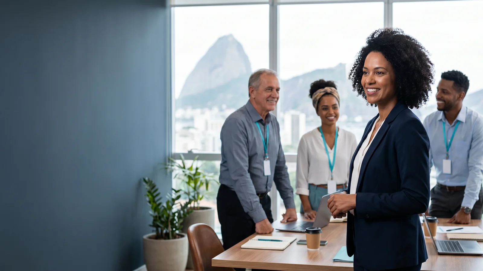 Gestora de pequena empresa reunida com uma equipe diversa para apresentar o plano de saúde empresarial