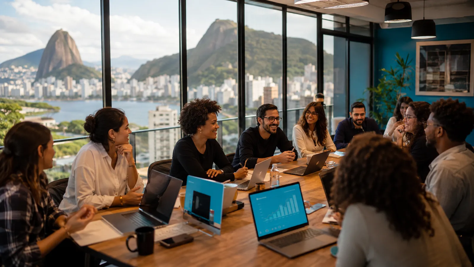 Equipe de funcionários em reunião em escritório no Rio de Janeiro com plano de saúde coletivo empresarial